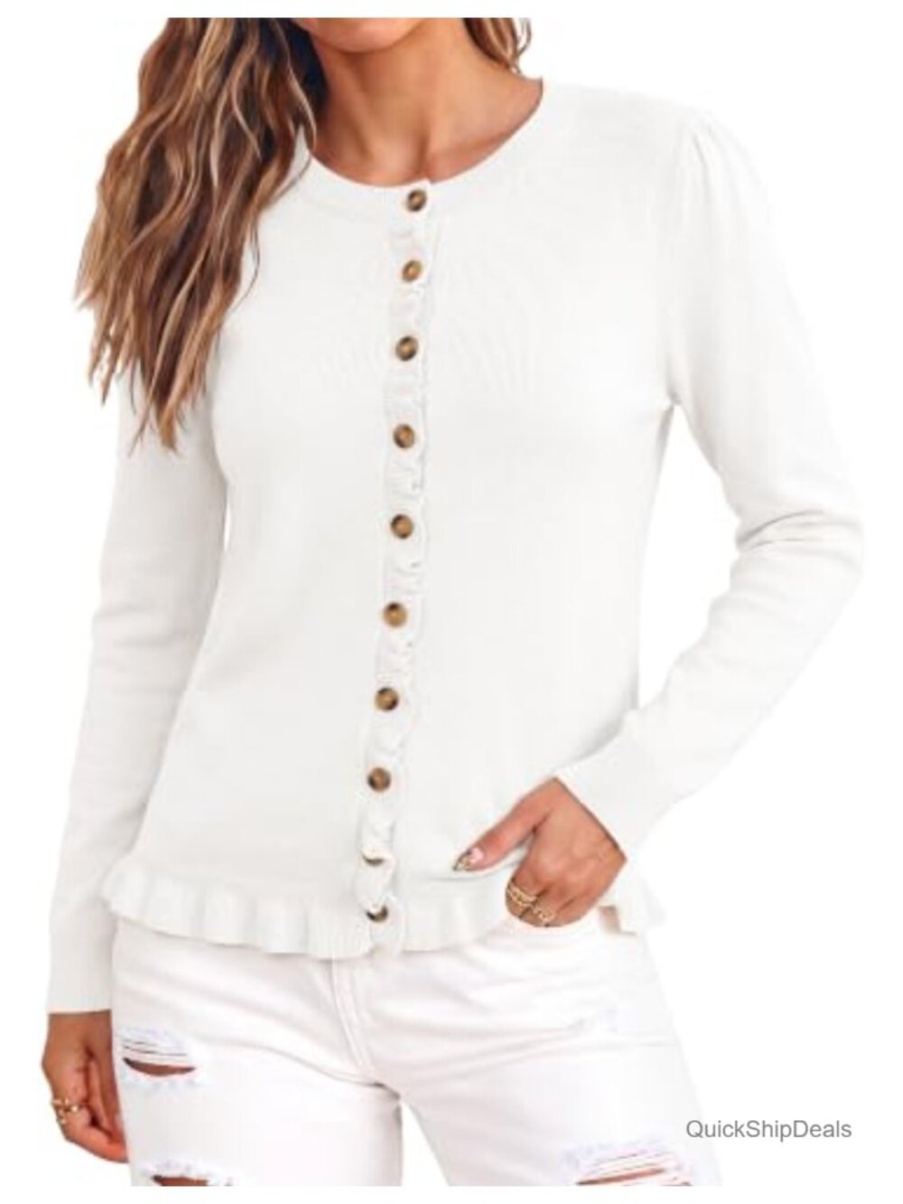 Ruffle Cardigan Sweater Puff Sleeve Button Down Knit Winter